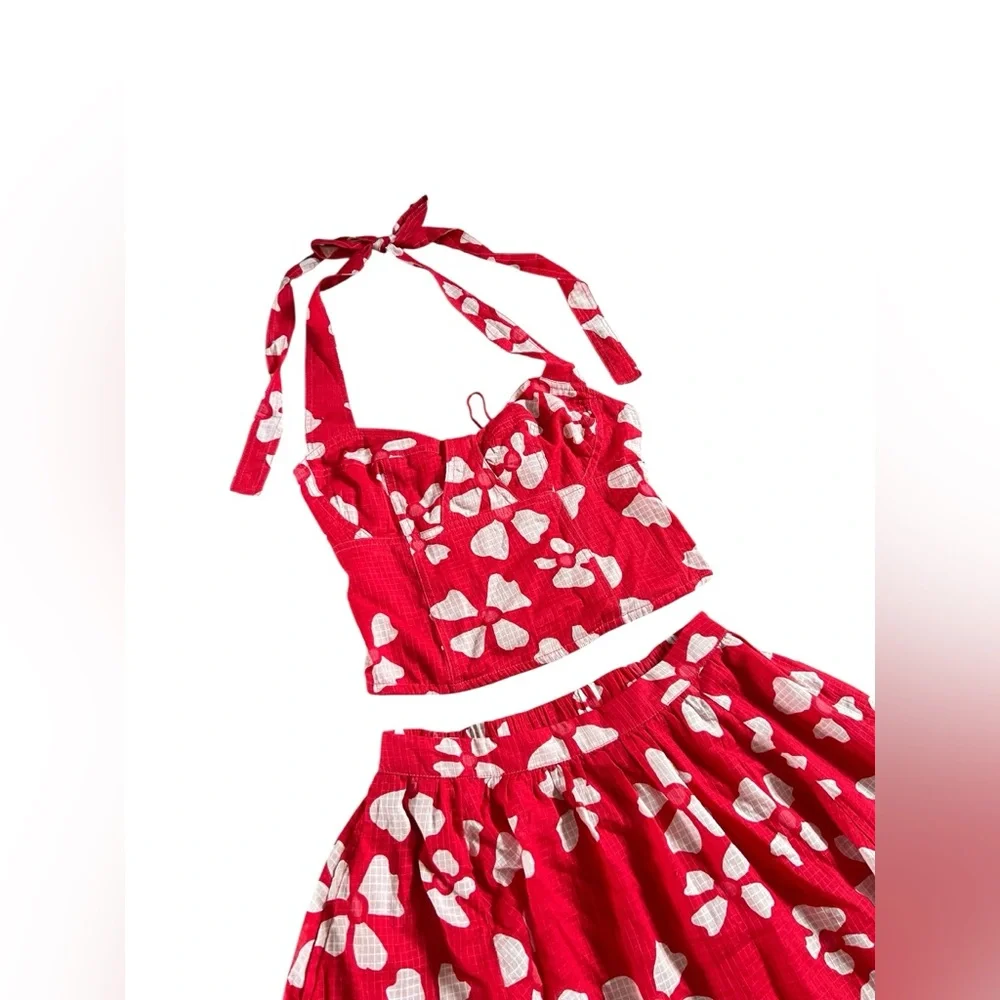 NWOT Free People Keepsake Red Poppy Combo Set Skirt/ Halter Top - Picture 9 of 15